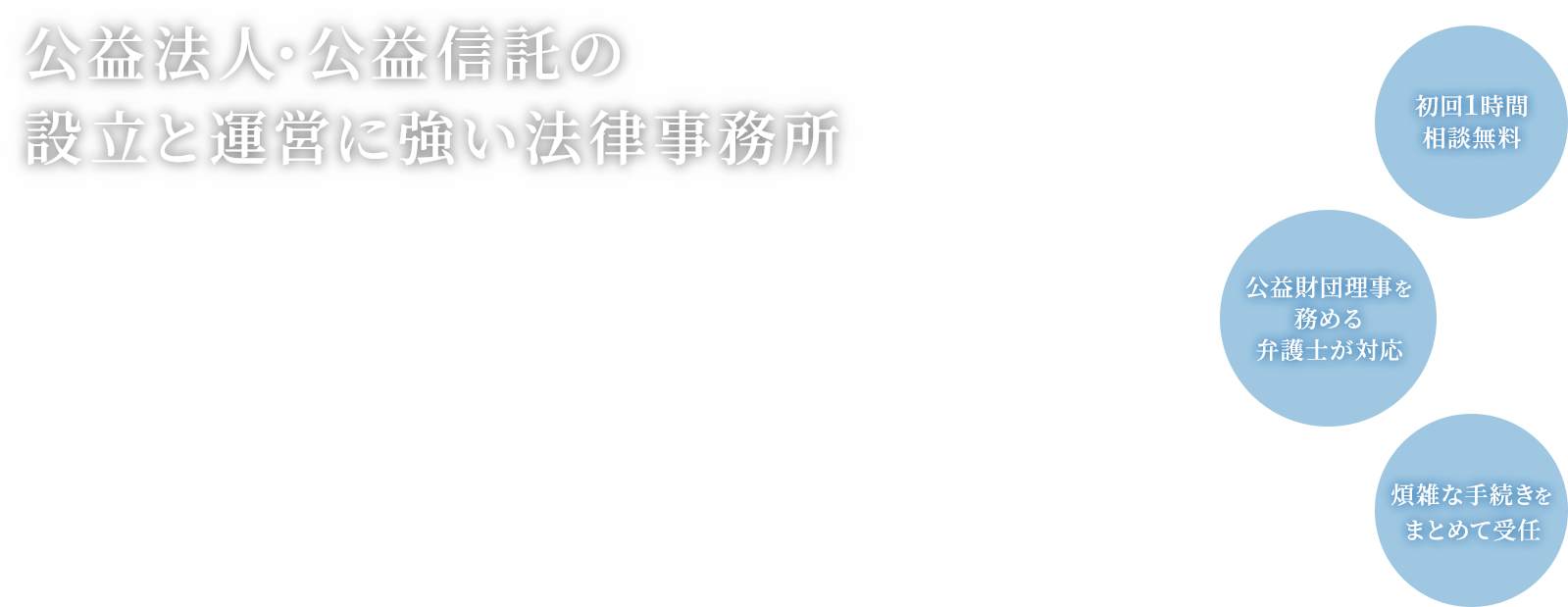 公益法人・公益信託の設立と運営に強い法律事務所 初回1時間相談無料 公益財団理事を務める弁護士が対応 煩雑な手続きをまとめて受任